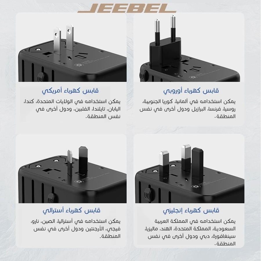 شاحن جداري جيبل عالمي – 3 منافذ شحن (2× Type-C + USB) بقوة 65 واط بتقنية PD – موديل JE-B308