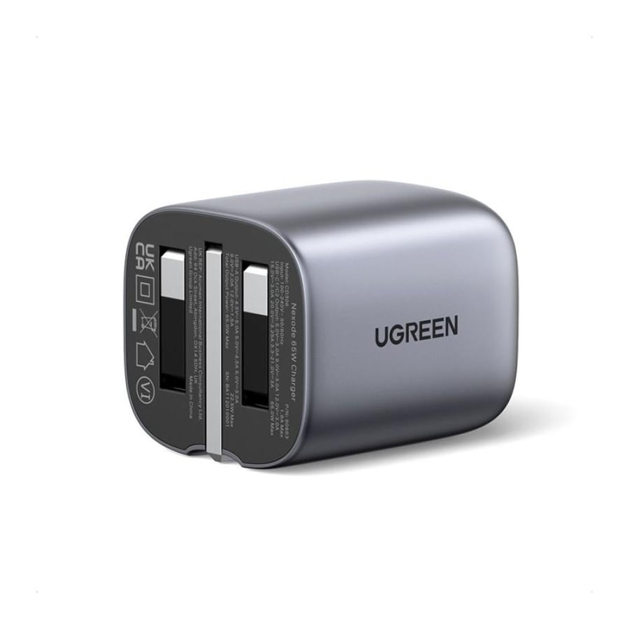 شاحن جداري يوجرين نكسود بمنفذين USB-C وبمنفذ USB بتقنية GaN وبقوة 65 واط - رمادي