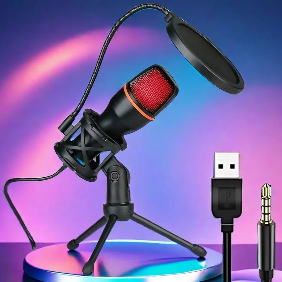 طقم ميكروفون مكثف احترافي مع إضاءة RGB وحامل ثلاثي للبث والتسجيل والبودكاست