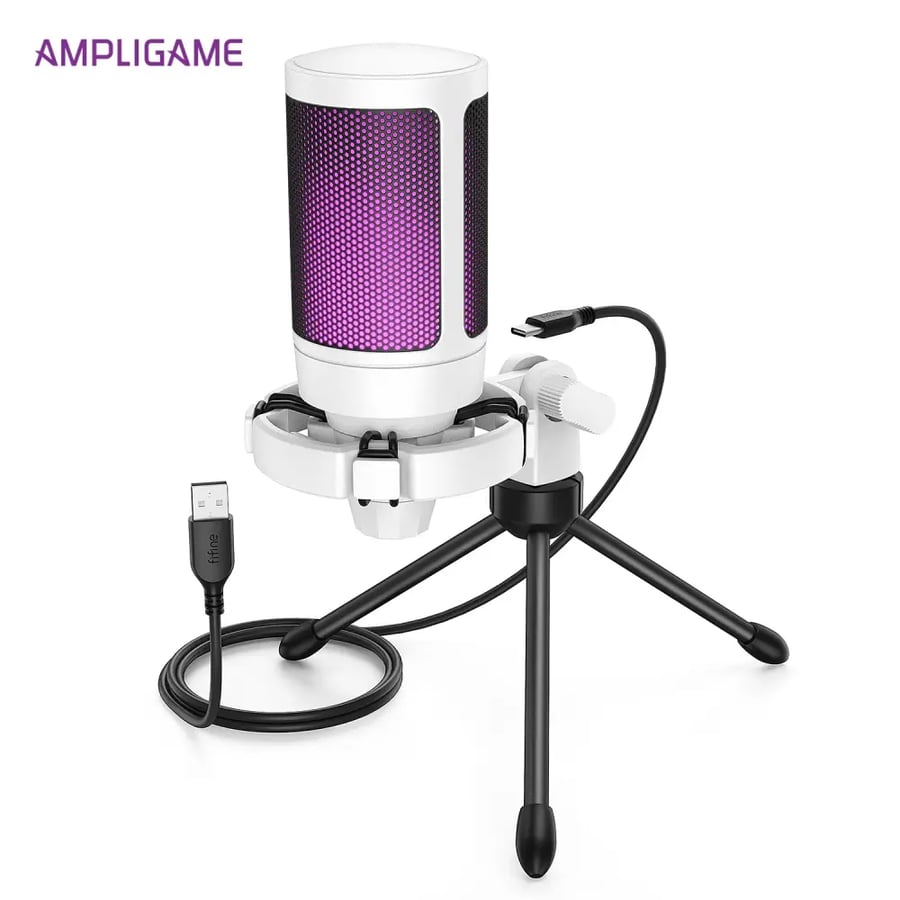 ميكروفون ألعاب USB AmpliGame أبيض مع إضاءة RGB وحامل ثلاثي وكتم صوت سريع