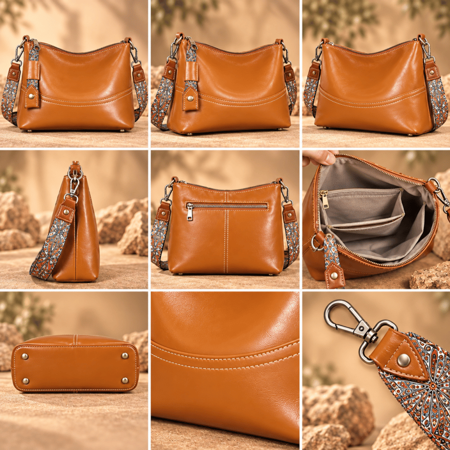 حقيبة نسائية , من الجلد الطبيعي , شعار (KENAN LEATHER) من الخارج , عملية , لون بني