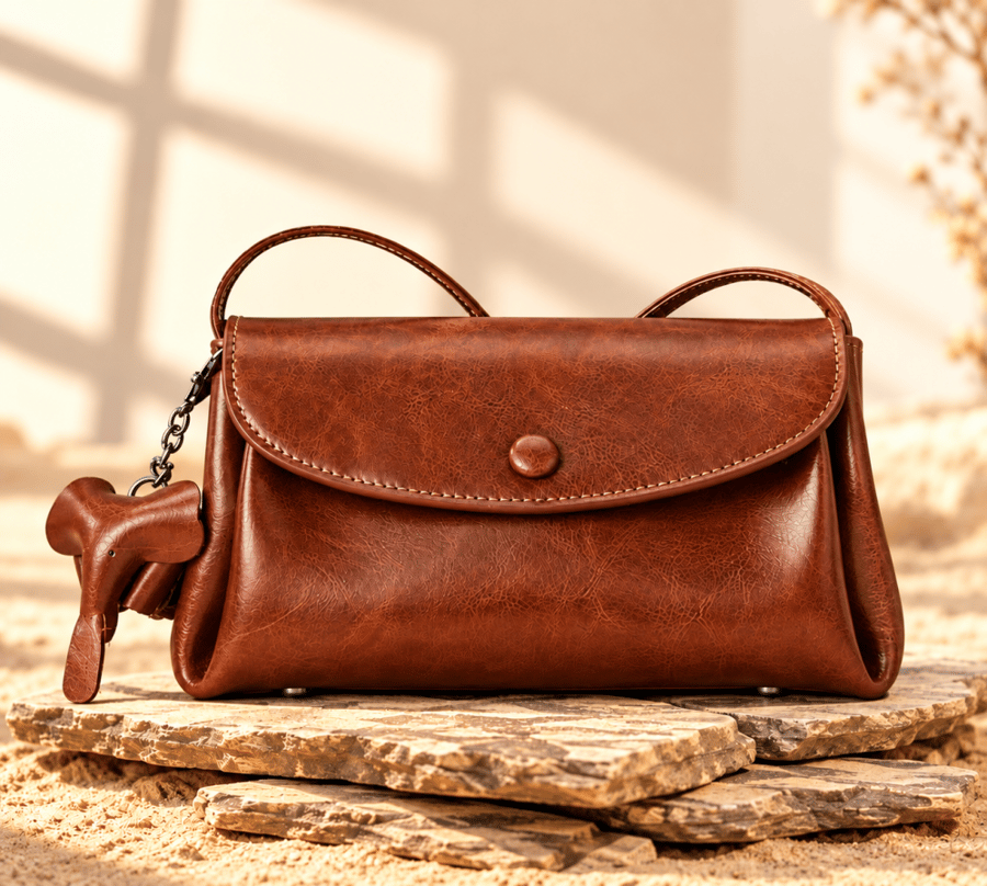 حقيبة نسائية , من الجلد الطبيعي , شعار (KENAN LEATHER) من الخارج , تعليقة فيل صغيرة , لون بني
