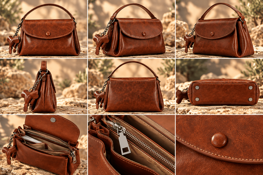 حقيبة نسائية , من الجلد الطبيعي , شعار (KENAN LEATHER) من الخارج , تعليقة فيل صغيرة , لون بني