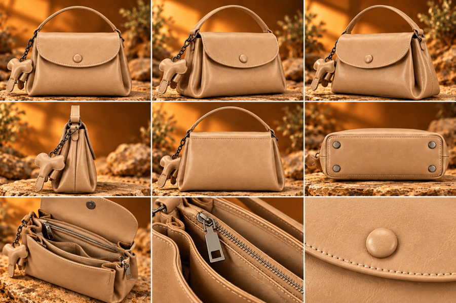 حقيبة نسائية , من الجلد الطبيعي , شعار (KENAN LEATHER) من الخارج , تعليقة فيل صغيرة , لون بيج