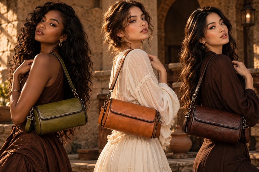 Women's handbag, genuine leather, cylindrical shape, antique polished, exceptional, chocolate brown color