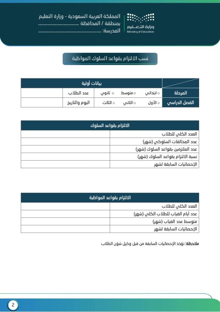 نموذج نسبة الالتزام بقواعد السلوك والمواظبة (1447 هـ - 2025 م)