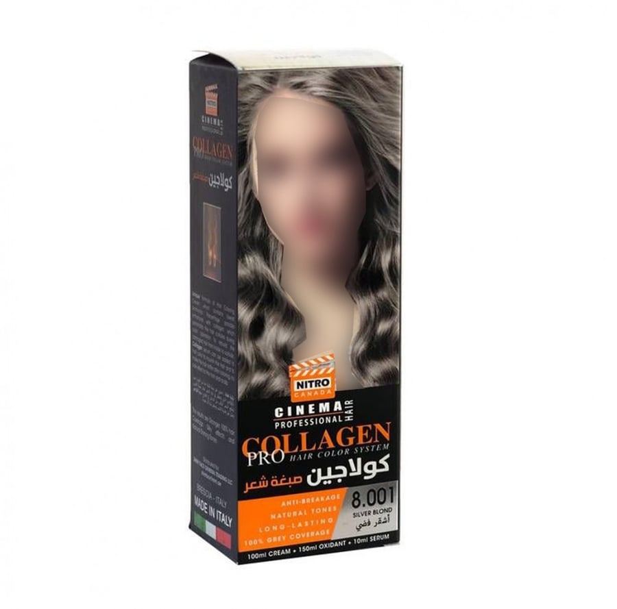 نيترو كولاجين صبغة شعر اشقر فضي 8.001  nitro canada cinema hair pro fessional collagen pro hair color system