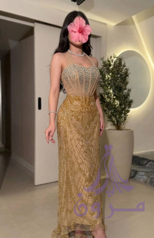 فستان سهره ذهبي  تطريز يدوي  سوار فسكي