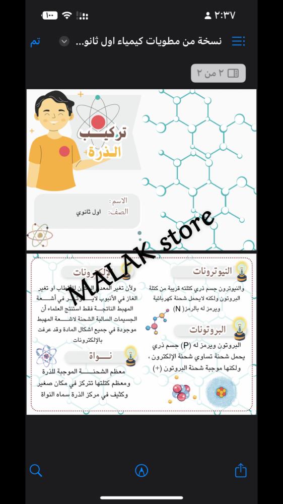 مطوية كيمياء الصف الاول الثانوي ( تركيب الذرة )