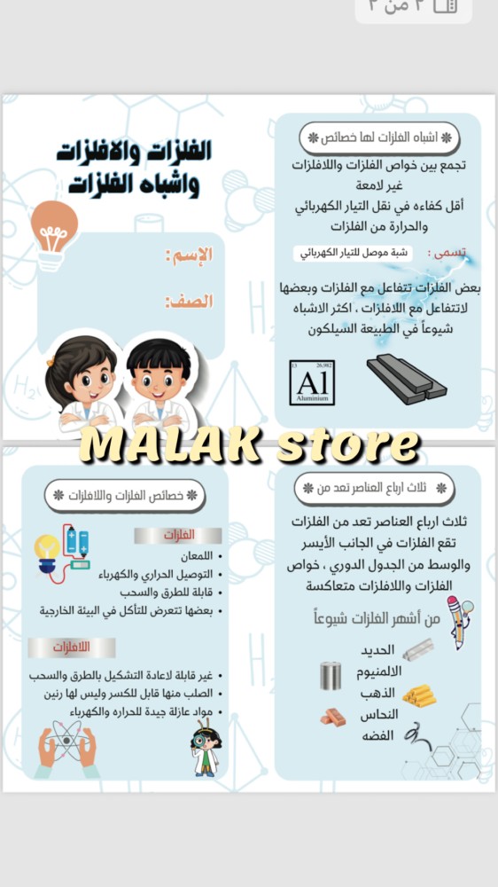 مطوية علوم صف خامس ( الفلزات واللافلزات )