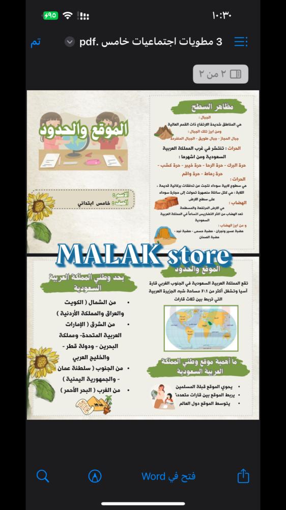 مطوية اجتماعيات الصف الخامس الابتدائي ( الموقع والحدود ) ١٤٤٦هـ