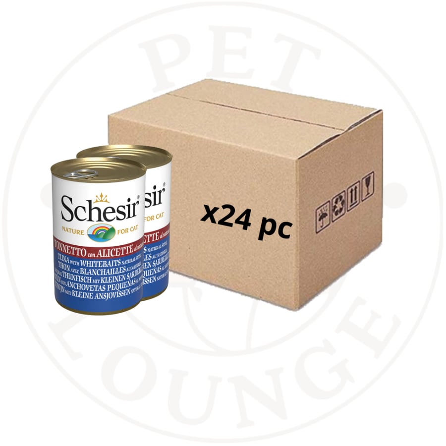 24-طعام رطب للقطط معلب بالتونة وصغار السمك بالماء المطهي - 140g Schesir
