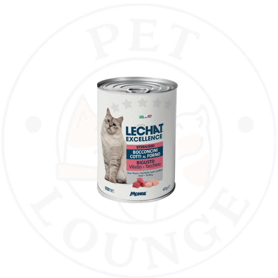طعام رطب معلب للقطط البالغة والمعقمة لحم عجل وديك رومي -Lechat 400g