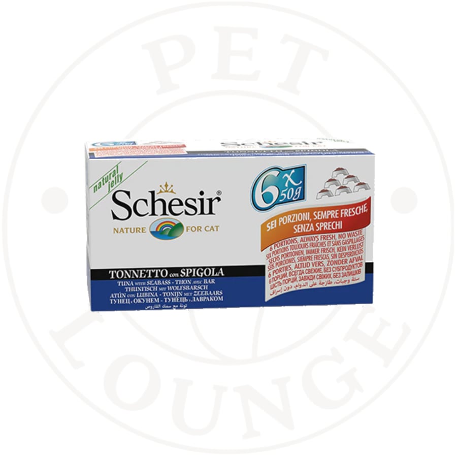 طعام رطب معلب للقطط تونة وسمك القاروص بالجيلي - 6x50g Schesir