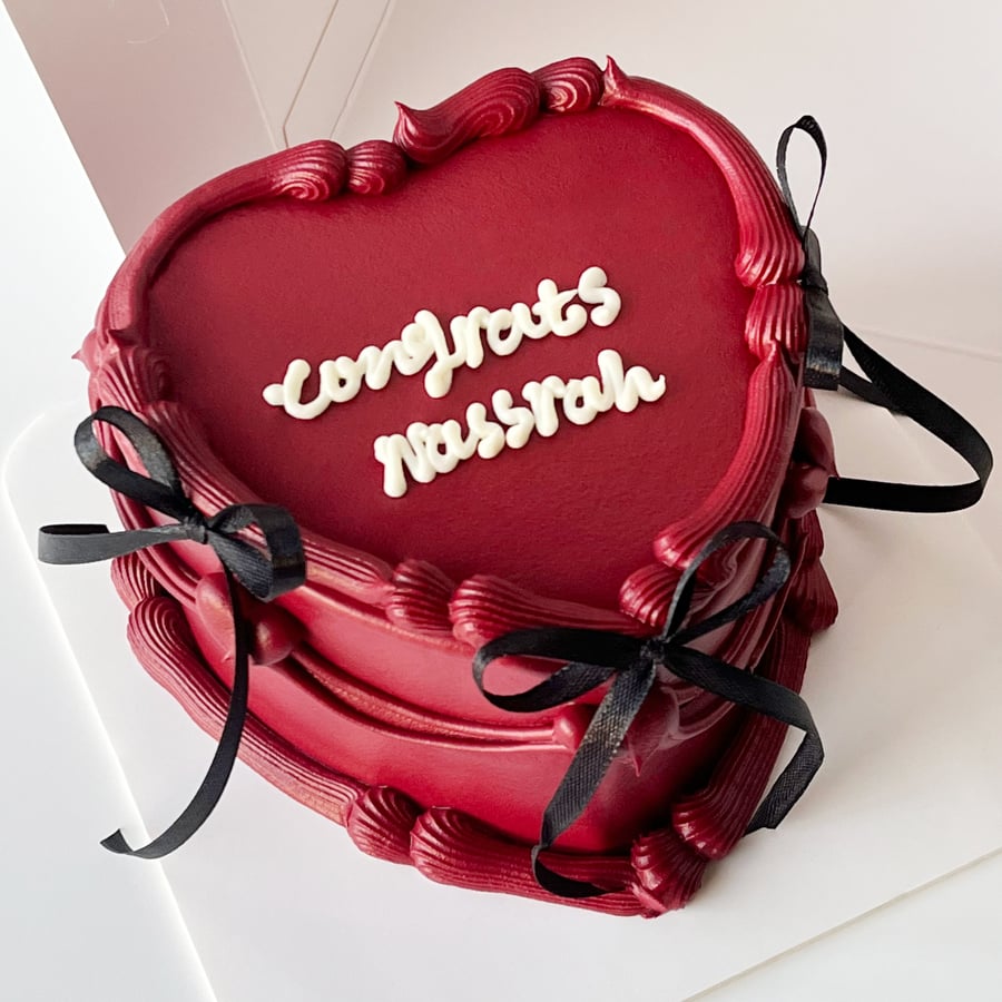 Burgundy Heart Cake w/Ribbons