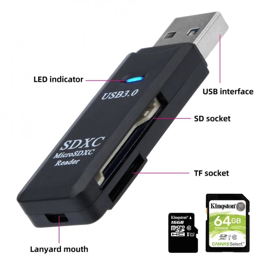 قارئ ذاكرة سريع ابيض/اسود ANKENDO | Memory Card Reader 2 IN 1 USB 3.0 Micro SD TF Card
