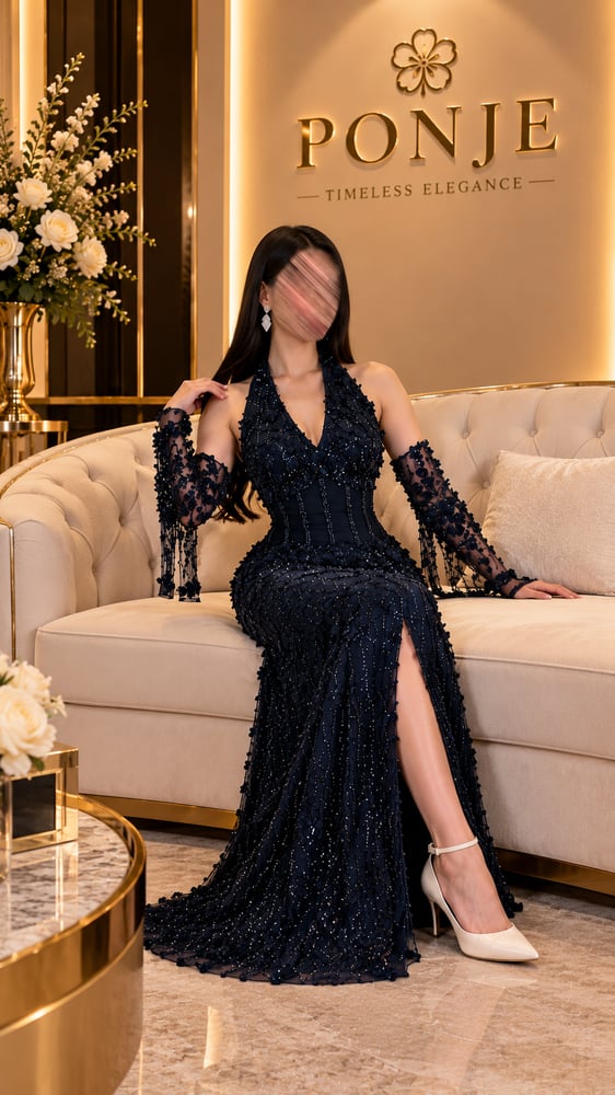 فستان سهرة أسود طويل بقصة ضيقة وتطريز ورود بارزة وفتحة أمامية