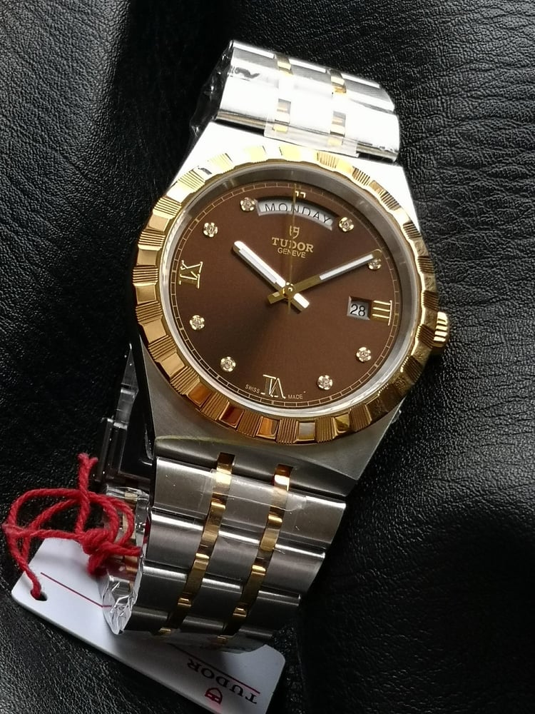 Tudor Royale Day-Date 41mm Diamond Brown Dial Gold and Silver Bezel