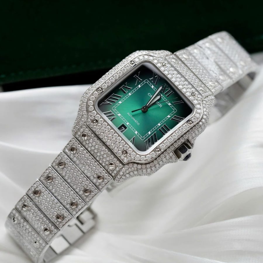Cartier Santos Green Dial Copies Watch Custom Diamonds Moissanite 39.8mm