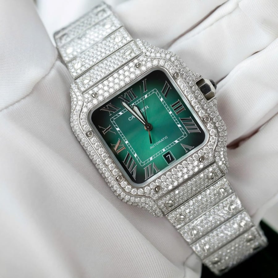 Cartier Santos Green Dial Copies Watch Custom Diamonds Moissanite 39.8mm