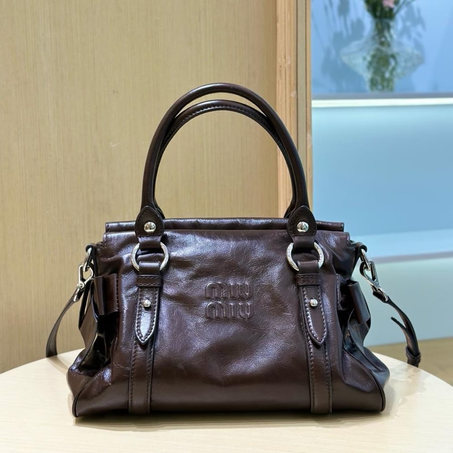 Shiny leather top handle