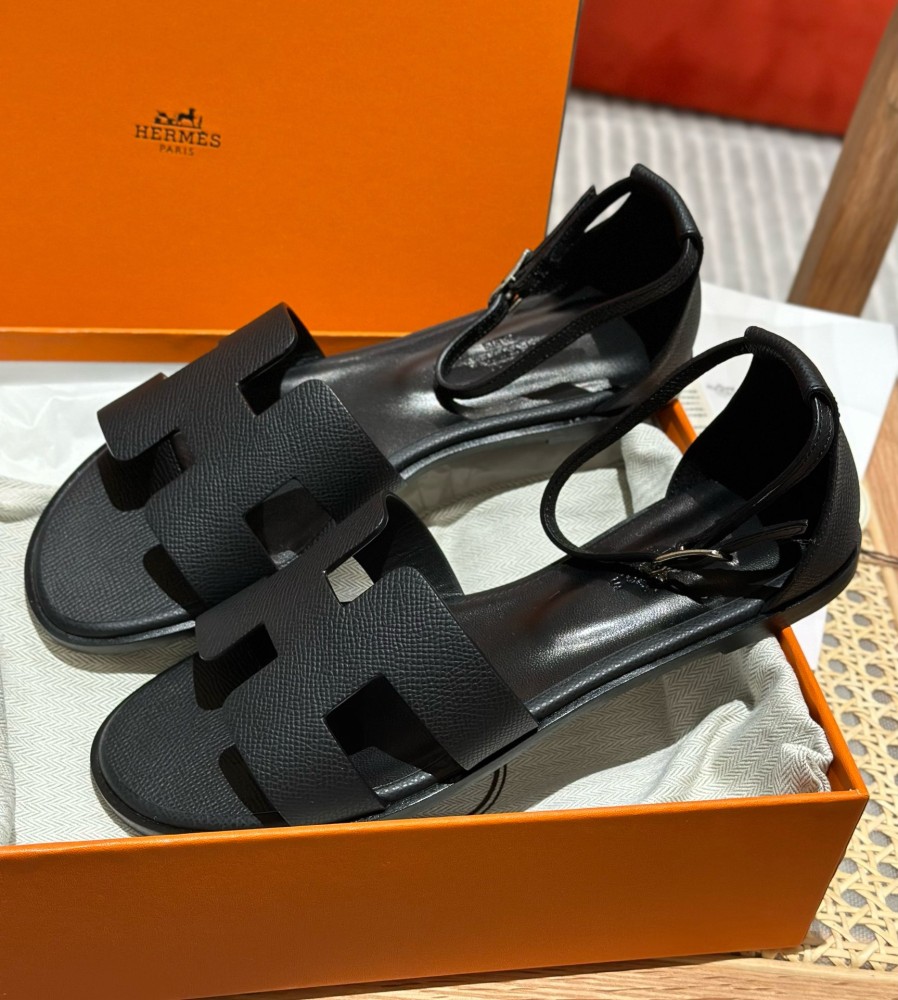 Hermes Santorini Black Epsom Sandals