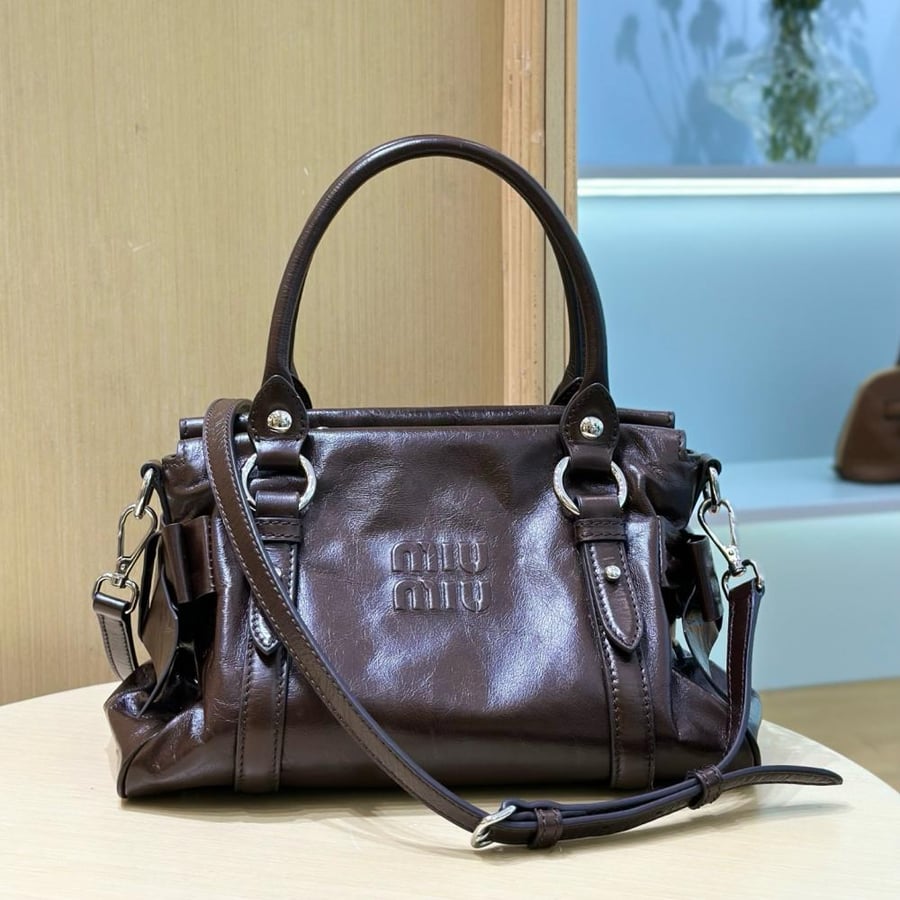 Shiny leather top handle
