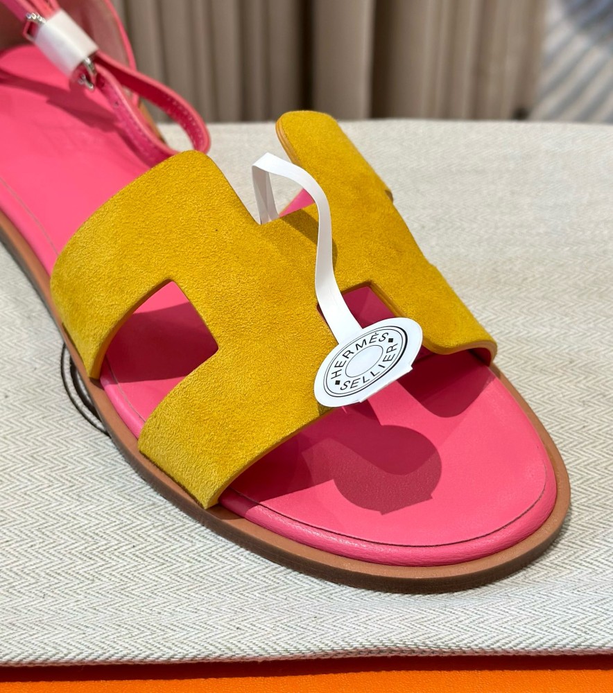 Hermès Santorini Yellow Suede Sandals with Pink