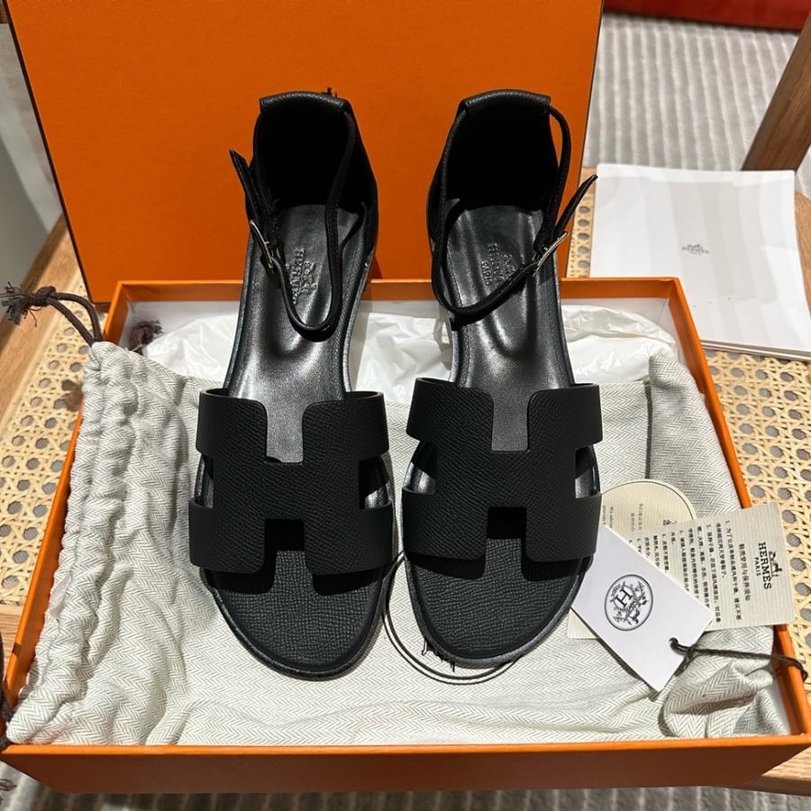Hermes Santorini Black Epsom Sandals