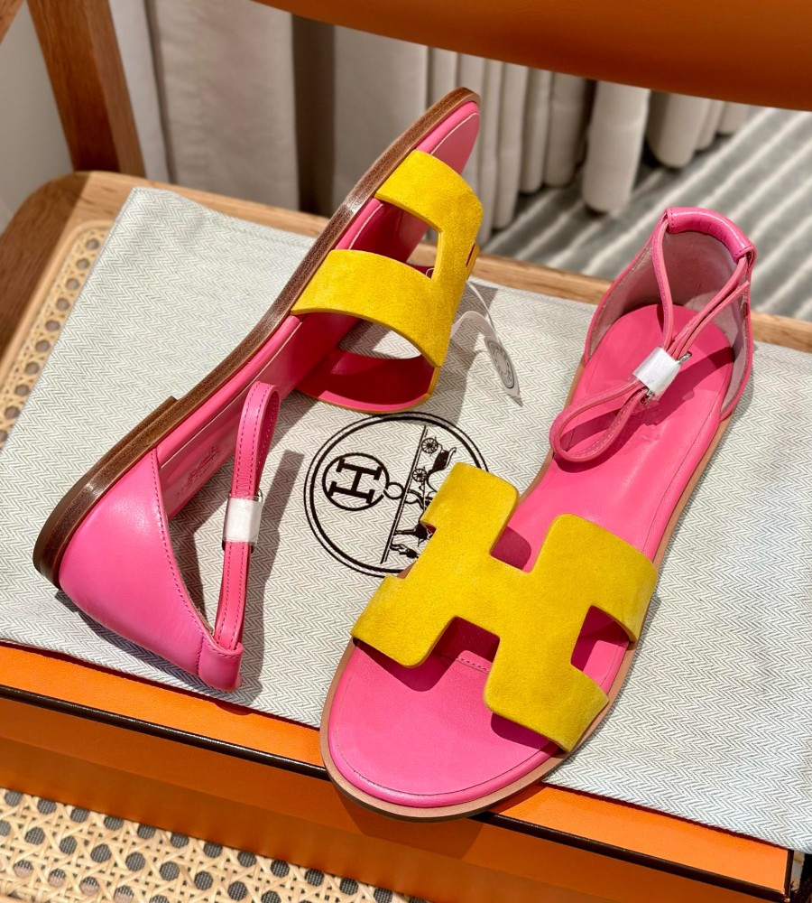 Hermès Santorini Yellow Suede Sandals with Pink