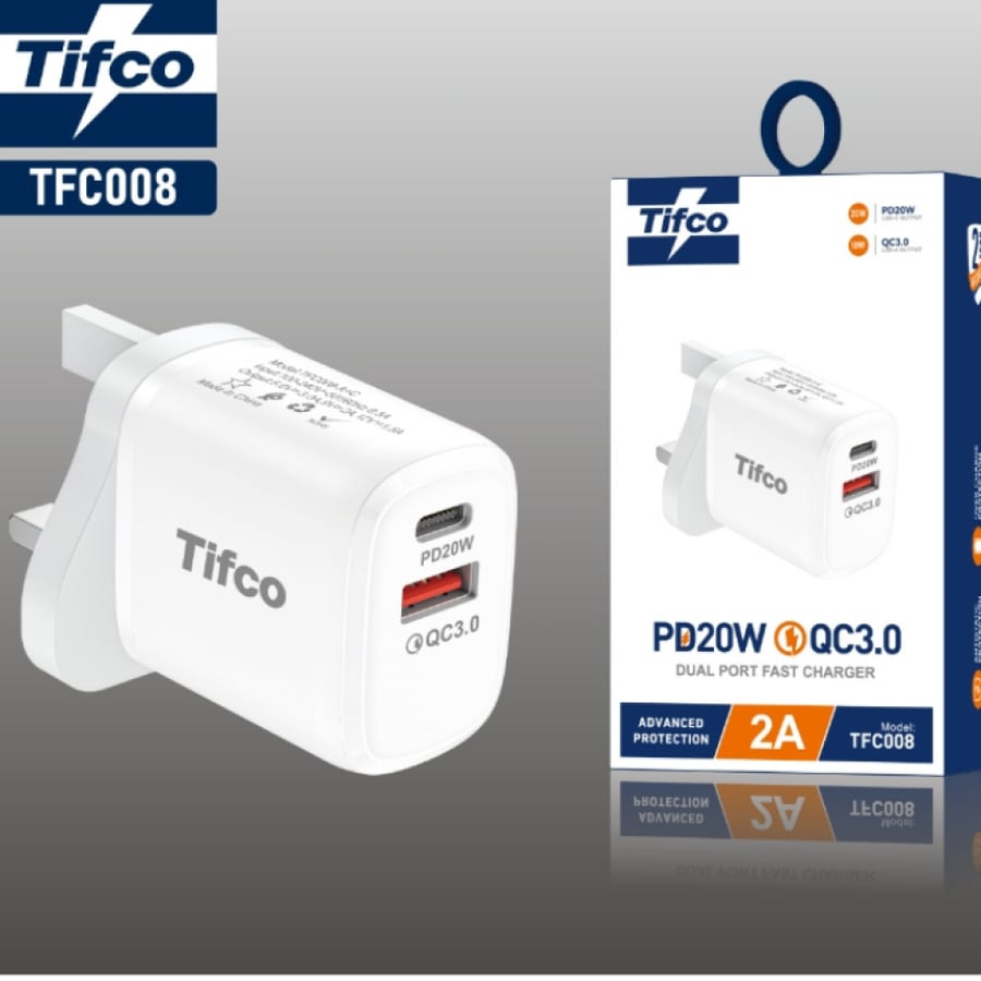 شاحن جداري سريع ثنائي المنافذ PD20W + QC3.0 م/ TFC008 ماركة تيفكو