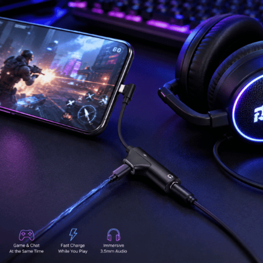 محول USB-C إلى USB-C وAUX 3.5 ملم للشحن والصوت م/ EAUC-12