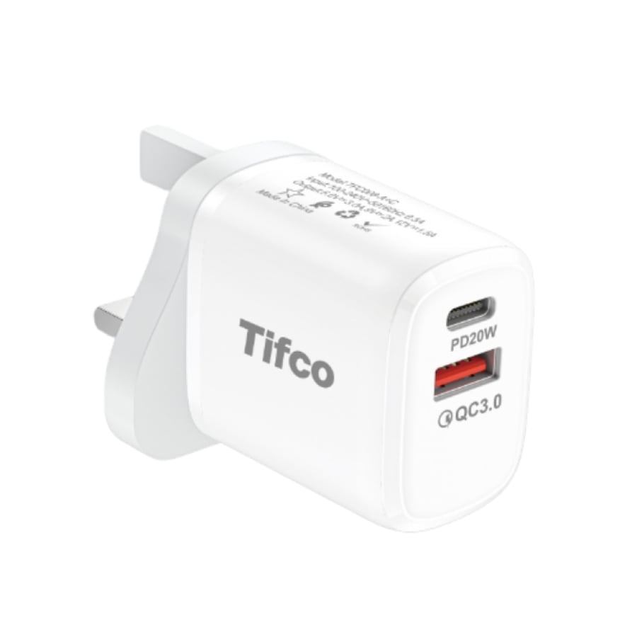 شاحن جداري سريع ثنائي المنافذ PD20W + QC3.0 م/ TFC008 ماركة تيفكو