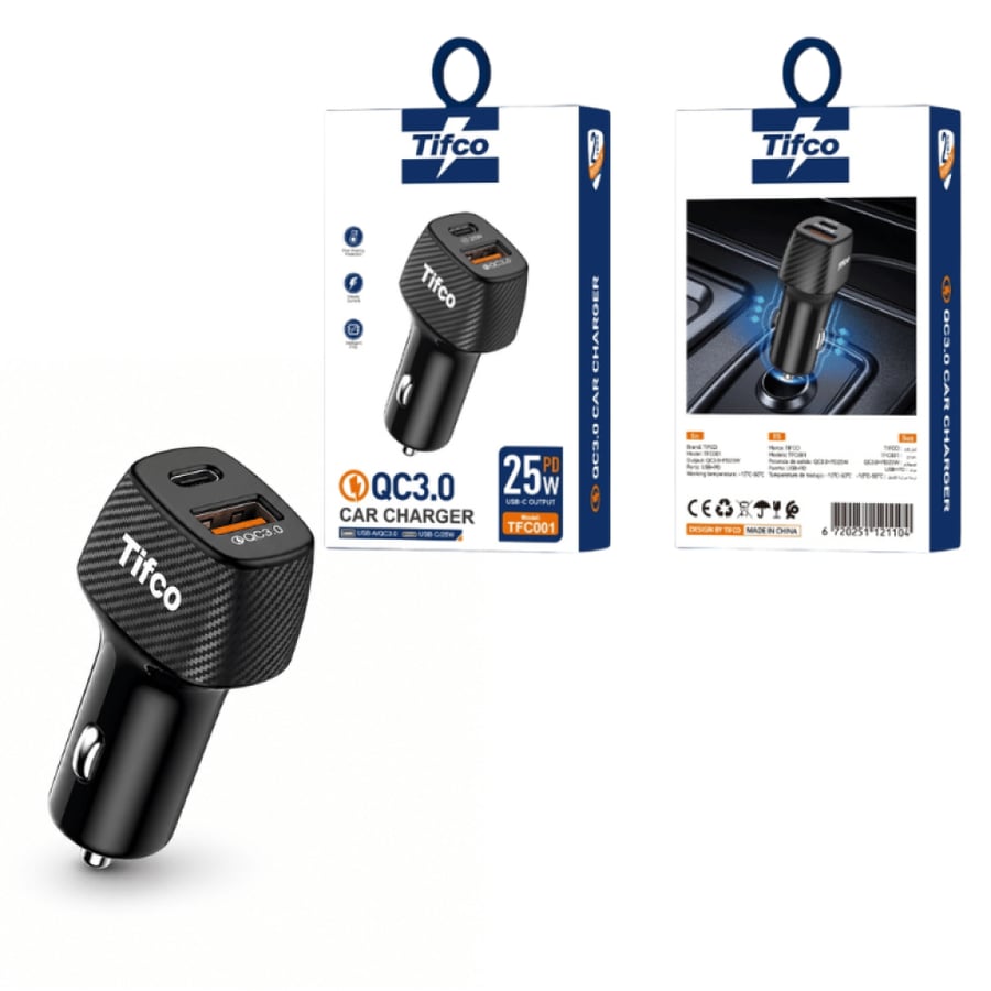 شاحن سيارة سريع  منفذ USB +  منفذ PD م/ TFC001 ماركة تيفكو
