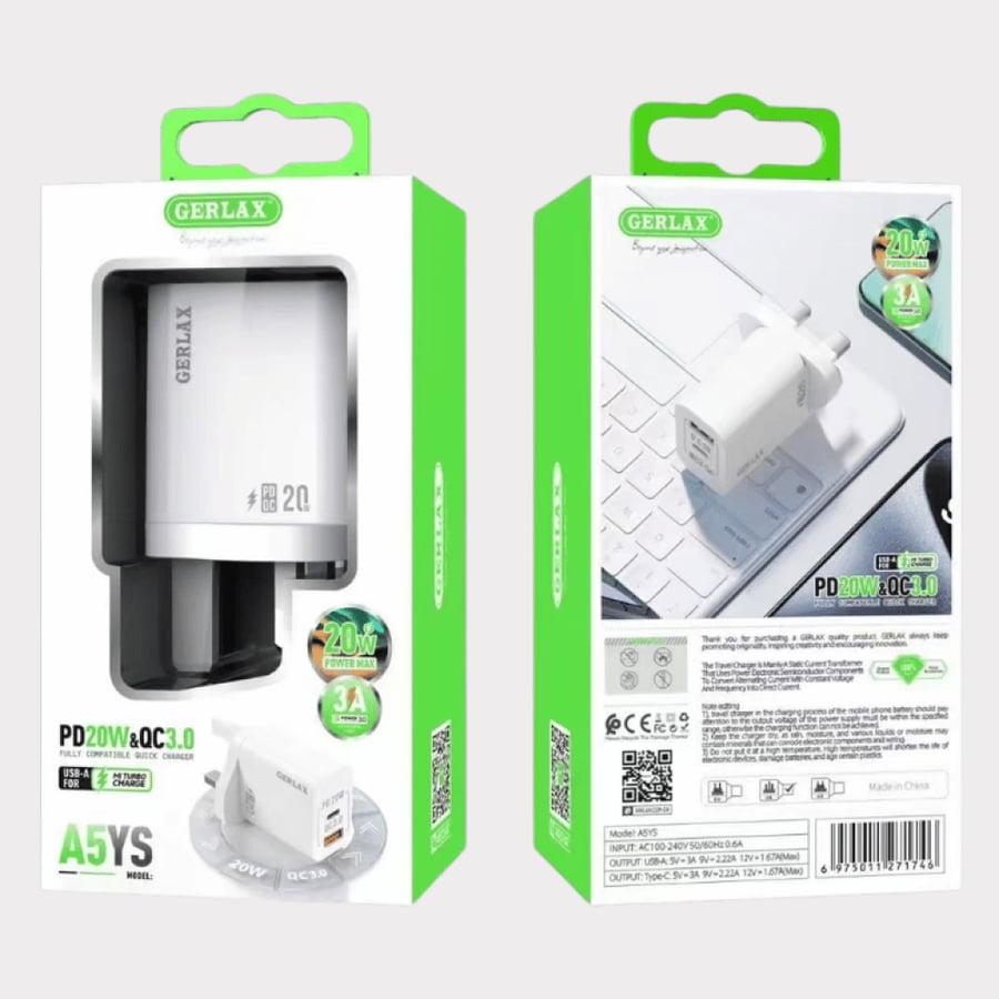 شاحن جداري سريع PD20W + QC3.0 م/ A5YS ماركة جيرلكس