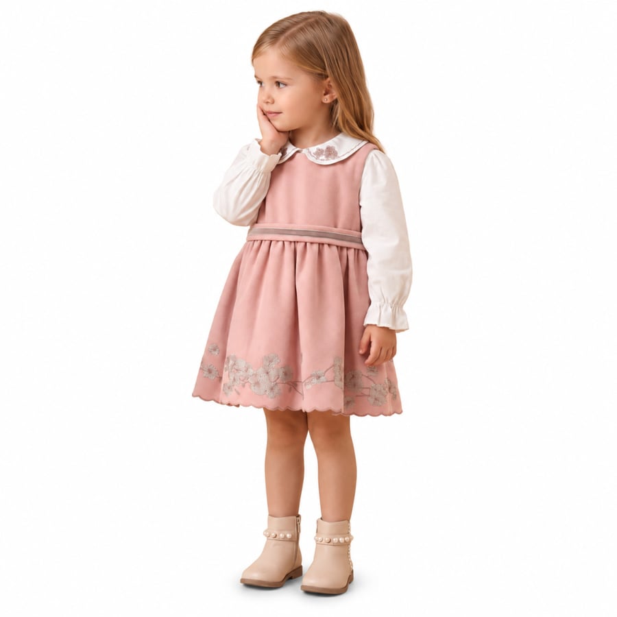 فستان بناتي وردي بأكمام طويلة من قطعتين مع كارديغان محبوك