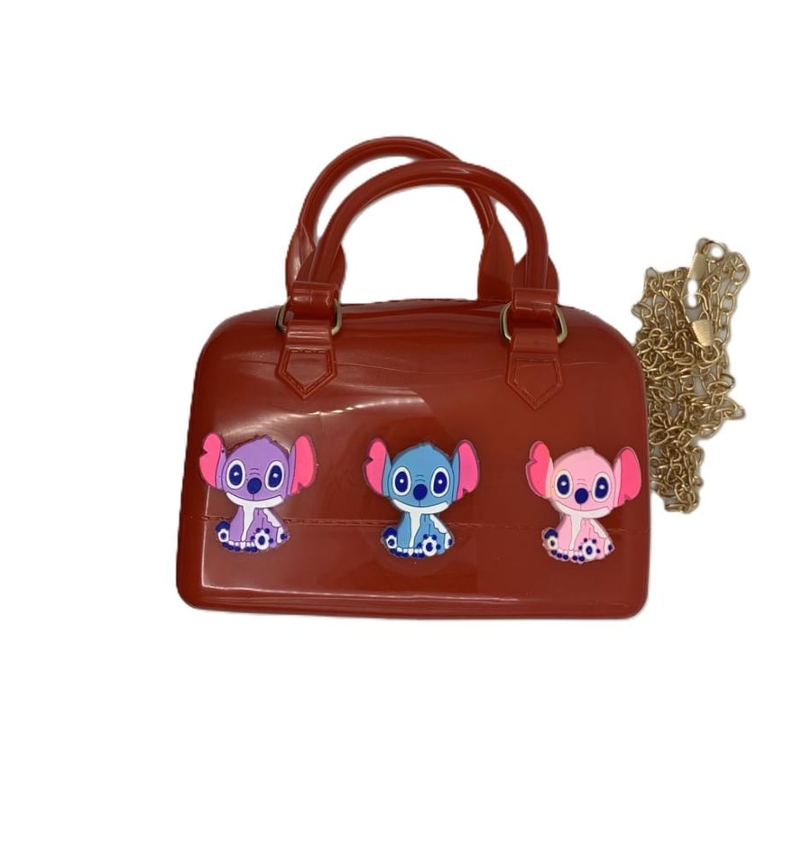 Silicone children's hand bag, multi-colored – purple, red, beige, with a gold chain