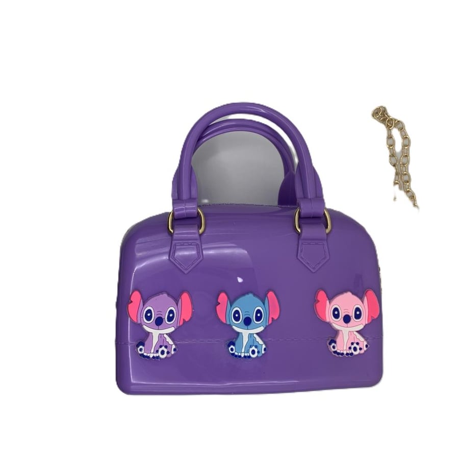 Silicone children's hand bag, multi-colored – purple, red, beige, with a gold chain