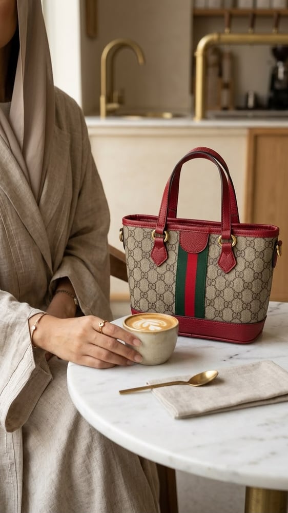 حقيبة توت نسائية كلاسيكية بنقشة GG وشريط ويب - أحمر وبيج