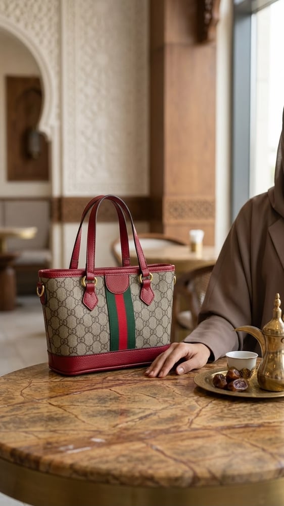 حقيبة توت نسائية كلاسيكية بنقشة GG وشريط ويب - أحمر وبيج