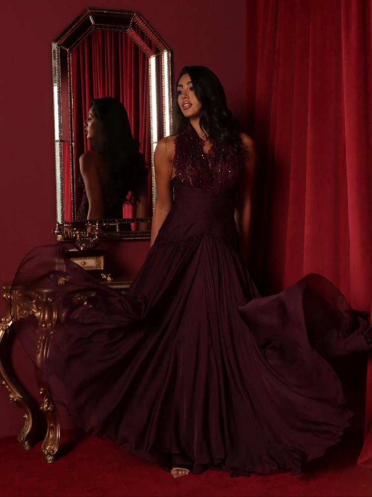 فستان سهرة شيفون كلفه خرز