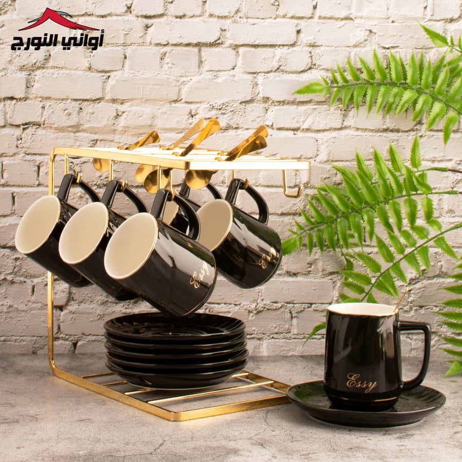 طقم أكواب أسود بستاند ذهبي