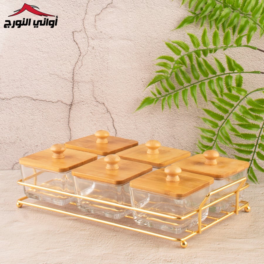 طقم تقديم مكسرات سداسي بغطاء خشب