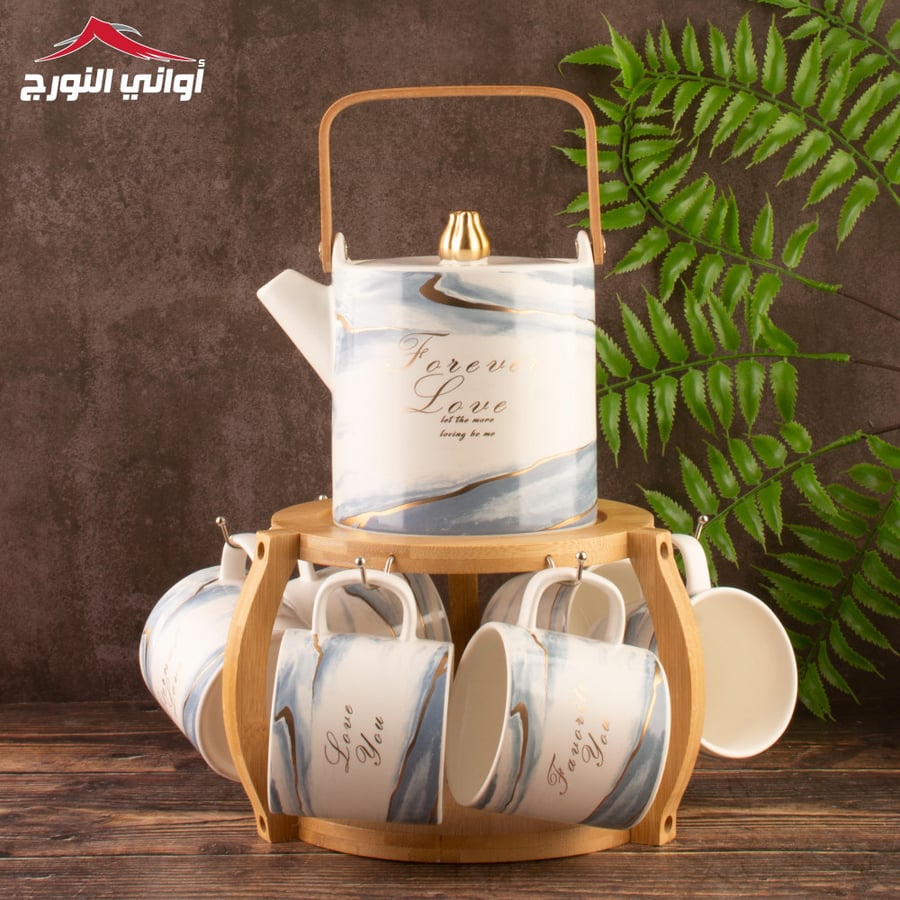 طقم أكواب مع أبريق بقاعدة خشب ماربل أزرق