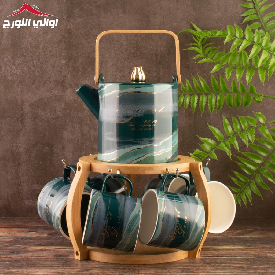 طقم أكواب مع أبريق بقاعدة خشب أخضر ماربل