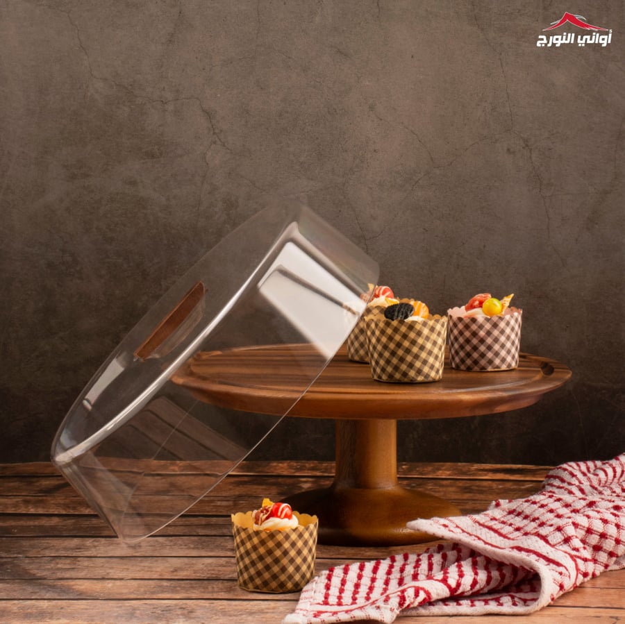 حافظة للكيك دائري خشب بغطاء شفاف