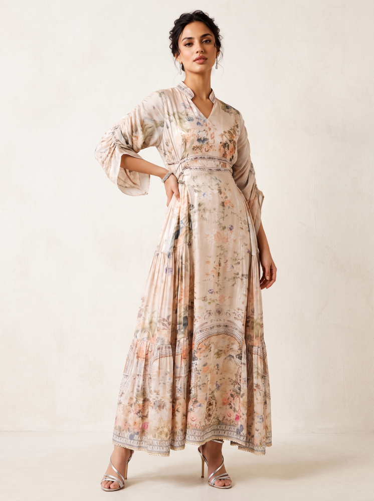Floral silk dress with a collar, model 468770