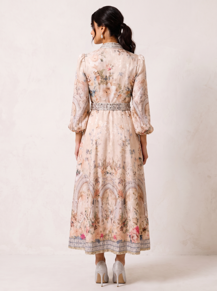 Floral silk dress with a round neckline 468772