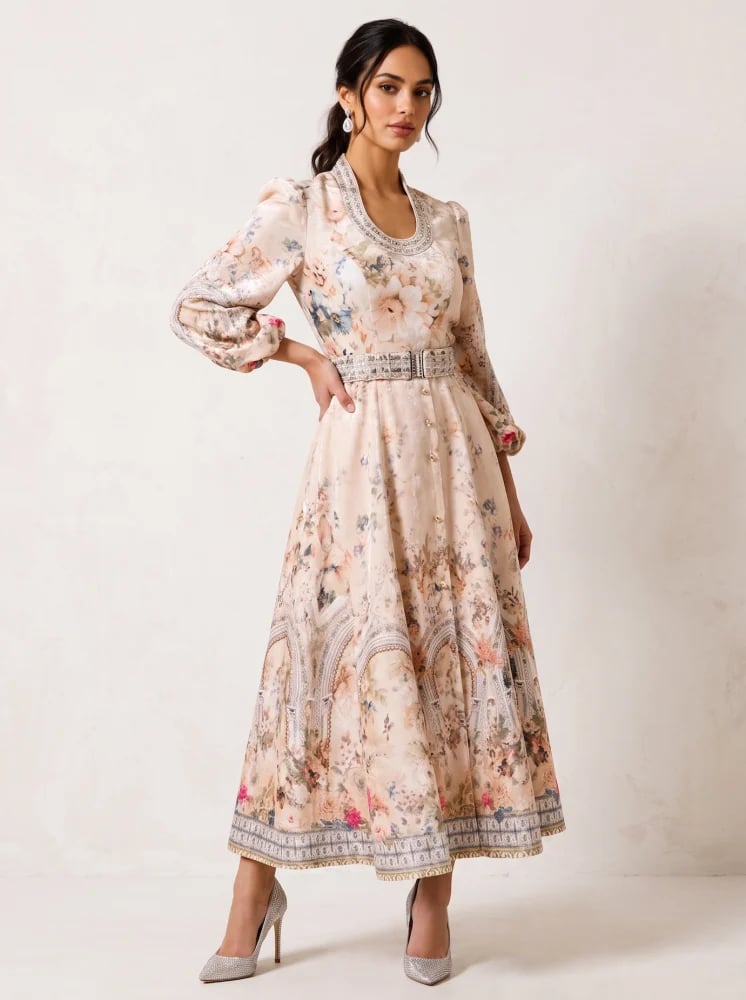 Floral silk dress with a round neckline 468772