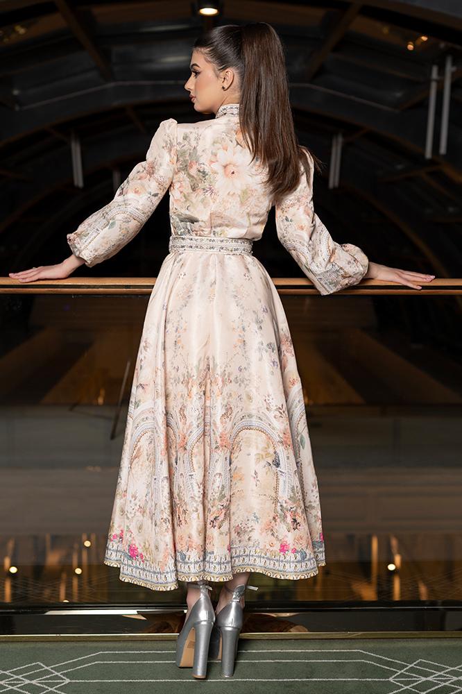 Floral silk dress with a round neckline 468772